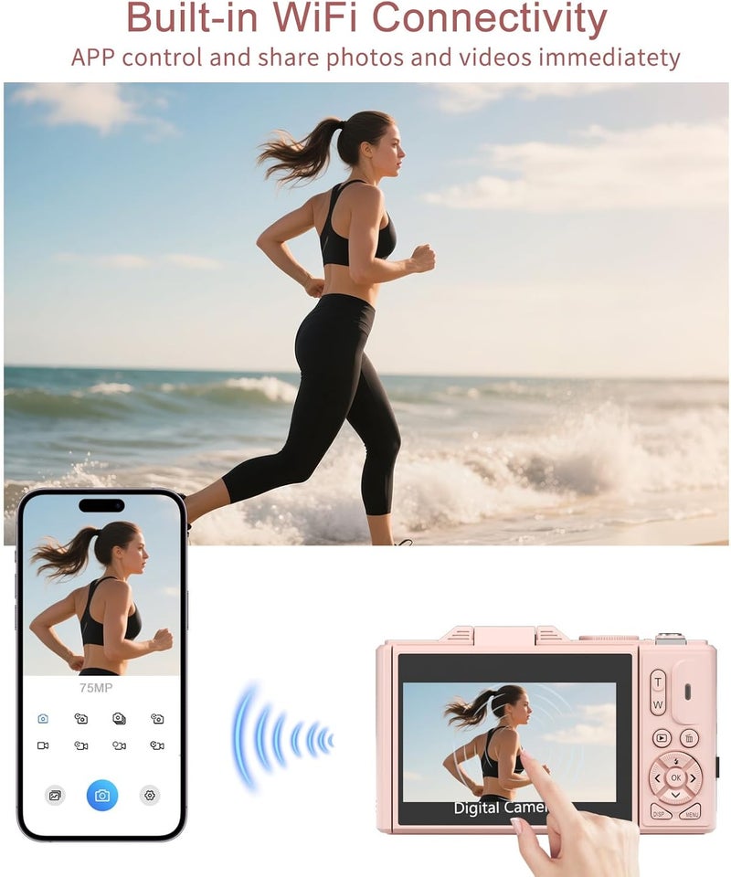 FLATIC Digital Camera, 5K 75MP Cameras for Photography with WiFi & 64GB TF Card, Autofoucs Vlogging Camera for YouTube with 180° Flip Screen, Compact Vlog Travel Camera Kit for Beginner, Teens - Image 4